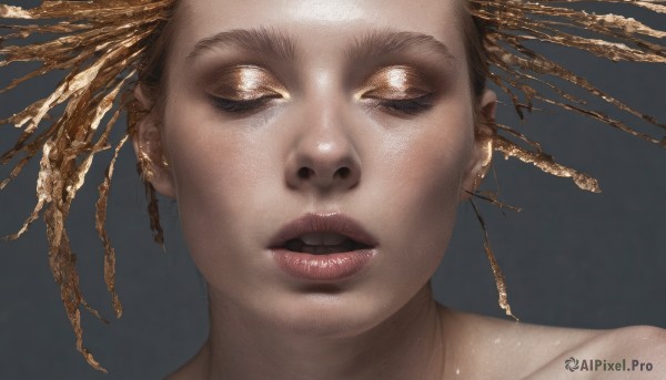 1girl,solo,open mouth,simple background,brown hair,hair ornament,jewelry,collarbone,closed eyes,earrings,parted lips,teeth,shiny,grey background,lips,makeup,piercing,thick eyebrows,portrait,facing viewer,close-up,realistic,nose,dreadlocks,short hair,eyelashes,freckles,gold