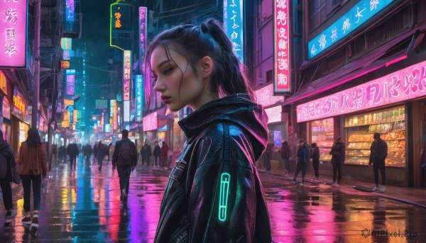 1girl, long hair, black hair, jacket, ponytail, outdoors, parted lips, multiple boys, solo focus, hood, night, building, scenery, reflection, rain, 6+boys, city, sign, realistic, road, cyberpunk, neon lights, people