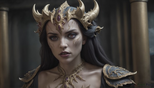 HQ,1girl,solo,long hair,looking at viewer,black hair,red eyes,brown eyes,jewelry,collarbone,upper body,parted lips,horns,teeth,necklace,armor,blurry,lips,makeup,blurry background,facial mark,crown,shoulder armor,gem,portrait,pauldrons,headpiece,red lips,pillar,lipstick,realistic