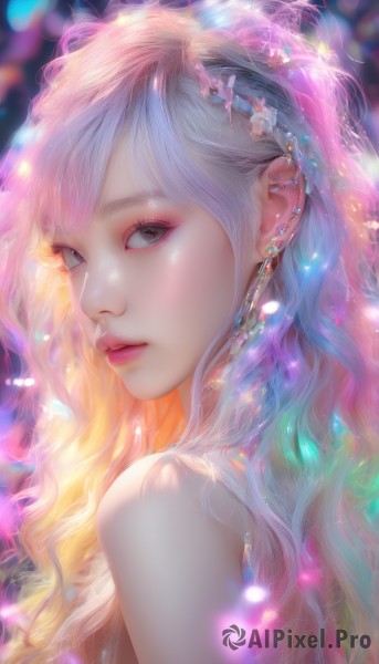 1girl,solo,long hair,looking at viewer,bangs,blonde hair,hair ornament,bare shoulders,jewelry,blue hair,upper body,pink hair,flower,multicolored hair,earrings,parted lips,hair flower,blurry,from side,lips,grey eyes,eyelashes,gradient hair,makeup,wavy hair,piercing,ear piercing,portrait,eyeshadow,pink lips,realistic,nose,mascara,rainbow hair,closed mouth,artist name,looking to the side,sparkle,gem,light particles,eyeliner,colorful