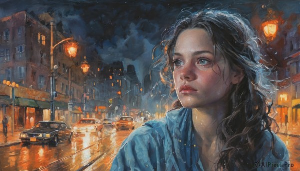 1girl,solo,long hair,blue eyes,brown hair,black hair,outdoors,parted lips,sky,solo focus,cloud,water,lips,wet,dutch angle,night,wavy hair,looking away,cloudy sky,looking up,ground vehicle,building,night sky,scenery,motor vehicle,reflection,rain,city,realistic,nose,car,light,road,looking afar,lamppost,street,upper body,traditional media,portrait,wet hair,lights