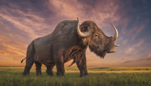 solo,standing,outdoors,horns,sky,cloud,no humans,animal,cloudy sky,grass,scenery,sunset,realistic,chinese zodiac,field,animal focus,tusks,boar,year of the ox,cow