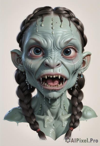 1girl,solo,long hair,looking at viewer,open mouth,blue eyes,simple background,black hair,braid,teeth,tongue,pointy ears,tongue out,grey background,black eyes,twin braids,wet,saliva,colored skin,fangs,monster girl,portrait,green skin,dripping,horror (theme),orc,goblin,breasts,brown hair,white background,cleavage,jewelry,collarbone,earrings,sharp teeth,hair over shoulder,meme,realistic,nose,blue skin,cropped shoulders