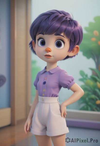 1girl,solo,looking at viewer,short hair,open mouth,bangs,shirt,standing,purple eyes,purple hair,short sleeves,male focus,cowboy shot,outdoors,parted lips,shorts,teeth,day,puffy sleeves,collared shirt,indoors,blurry,tree,puffy short sleeves,lips,hand on hip,short shorts,window,buttons,depth of field,blurry background,ring,child,freckles,white shorts,door,purple shirt,female child,shirt tucked in,male child,buck teeth,blue eyes,eyelashes,upper teeth only,plant,high-waist shorts