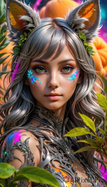 1girl,solo,long hair,breasts,looking at viewer,smile,bangs,hair ornament,animal ears,cleavage,medium breasts,closed mouth,green eyes,upper body,flower,grey hair,artist name,blurry,lips,animal ear fluff,fox ears,eyelashes,tattoo,makeup,swept bangs,leaf,facial mark,plant,portrait,eyeshadow,pink lips,nose,eyeliner,facepaint,mascara,jewelry,hair flower,rabbit ears,close-up