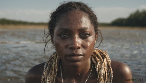 1girl,solo,looking at viewer,short hair,brown hair,black hair,brown eyes,jewelry,upper body,earrings,outdoors,parted lips,day,dark skin,water,necklace,mole,blurry,dark-skinned female,lips,mole under eye,depth of field,blurry background,ocean,portrait,freckles,realistic,very dark skin,photo background,dreadlocks,tribal,mole on cheek,yellow eyes,sweat,sky,beach,tank top,messy hair,dirty,dirty face