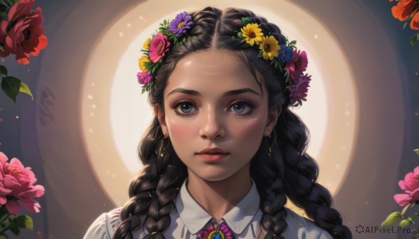 1girl,solo,long hair,looking at viewer,blush,blue eyes,shirt,black hair,hair ornament,jewelry,white shirt,upper body,braid,flower,earrings,parted lips,collared shirt,artist name,hair flower,dark skin,black eyes,twin braids,dark-skinned female,lips,grey eyes,eyelashes,makeup,rose,leaf,sunlight,lipstick,brooch,red flower,gem,portrait,light particles,forehead,pink flower,backlighting,freckles,realistic,yellow flower,nose,purple flower,red lips,pink rose,orange flower,multiple braids,blue flower,head wreath