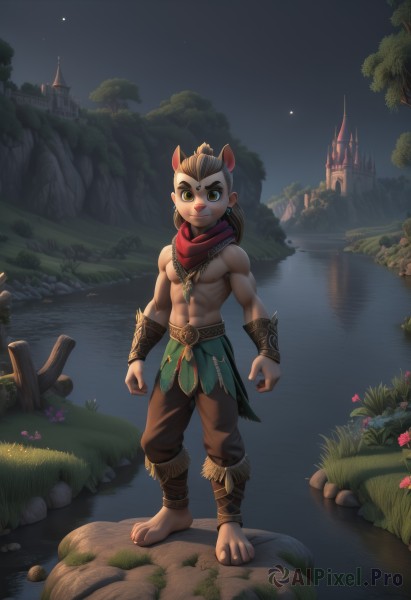 solo,looking at viewer,brown hair,1boy,navel,animal ears,brown eyes,jewelry,standing,full body,yellow eyes,ponytail,flower,male focus,earrings,outdoors,horns,sky,barefoot,pants,water,necklace,tree,muscular,night,facial mark,abs,grass,pectorals,muscular male,building,star (sky),night sky,furry,topless male,rock,furry male,river,deer ears,pond,hooves,smile,scarf,piercing,moon,nature,starry sky,toenails,fantasy,bracer,male child,body fur,brown pants,castle,lake,brown fur,cliff