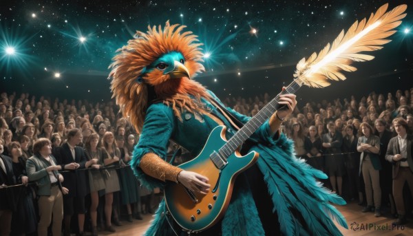 holding,jewelry,standing,multiple boys,sky,solo focus,necklace,night,bird,feathers,instrument,star (sky),night sky,starry sky,6+boys,robe,music,guitar,singing,playing instrument,holding instrument,electric guitar,crowd,stage,beak,concert,audience,long hair,multiple girls,brown hair,shirt,long sleeves,dress,jacket,outdoors,pants,vest,facial hair,formal,crossed arms,suit,beard,multiple others,stage lights,plectrum,people,6+others