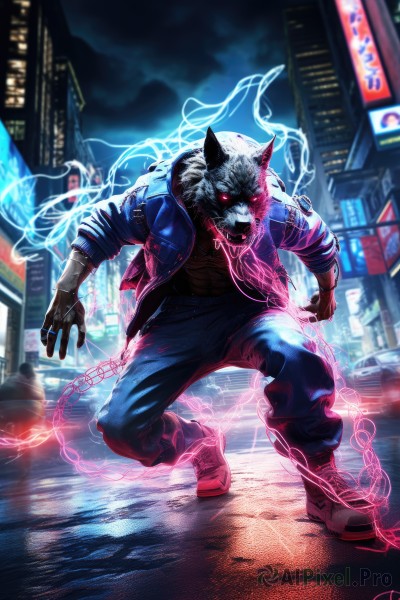 solo,looking at viewer,red eyes,gloves,1boy,animal ears,jacket,full body,male focus,boots,outdoors,open clothes,teeth,pants,hood,open jacket,night,glowing,chain,denim,ground vehicle,building,glowing eyes,motor vehicle,furry,city,electricity,car,furry male,glowing eye,lightning,city lights,neon lights,werewolf,shirt,white hair,horns,sky,signature,blurry,tattoo,mask,blurry background,fangs,squatting,wolf ears,sharp teeth,blue jacket,night sky,claws,wolf boy