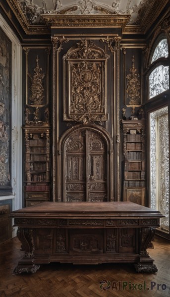 day,indoors,book,no humans,window,table,sunlight,scenery,wooden floor,stairs,bookshelf,architecture,pillar,statue,library,carpet,church,arch,chandelier,chair,clock,painting (object),still life