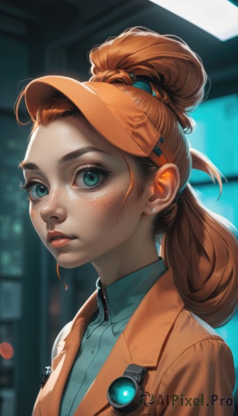 1girl,solo,long hair,looking at viewer,blue eyes,brown hair,shirt,jewelry,green eyes,jacket,upper body,ponytail,earrings,parted lips,collared shirt,artist name,indoors,orange hair,blurry,aqua eyes,lips,eyelashes,blurry background,freckles,nose,hair tie,visor cap,stud earrings,hair pulled back,orange jacket,white shirt,makeup,depth of field,thick eyebrows,portrait,low ponytail,backlighting,brown jacket,glint,realistic,earpiece