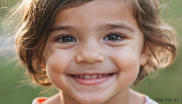 1girl,solo,looking at viewer,smile,short hair,open mouth,blue eyes,brown hair,teeth,grin,blurry,black eyes,lips,portrait,close-up,green background,realistic,nose,brown eyes,:d,eyelashes,messy hair