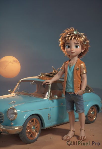 solo,looking at viewer,short hair,brown hair,shirt,1boy,brown eyes,jewelry,standing,male focus,shorts,belt,dark skin,necklace,vest,bracelet,dark-skinned female,moon,sandals,blue shirt,denim,ground vehicle,child,motor vehicle,full moon,personification,hand in pocket,car,male child,vehicle focus,full body,artist name,night,denim shorts,anklet,orange shirt,flip-flops