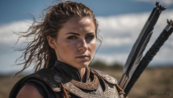 1girl,solo,long hair,looking at viewer,brown hair,brown eyes,closed mouth,upper body,weapon,outdoors,sky,day,sword,armor,blurry,lips,depth of field,blurry background,polearm,shoulder armor,messy hair,portrait,freckles,realistic,weapon on back,chainmail,1boy,male focus,cloud,tree,bow (weapon),arrow (projectile),quiver