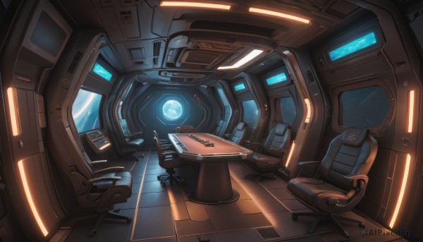 indoors,no humans,window,shadow,chair,scenery,reflection,science fiction,wooden floor,space,planet,spacecraft,spacesuit,cockpit,seat,robot,star (sky),mecha,realistic,cable,monitor,screen