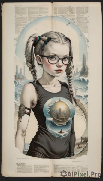 1girl,solo,long hair,breasts,looking at viewer,blush,hair ornament,bare shoulders,twintails,closed mouth,collarbone,upper body,braid,grey hair,small breasts,parted lips,glasses,sleeveless,water,twin braids,lips,grey eyes,ocean,border,tank top,armlet,freckles,science fiction,black-framed eyewear,hair tie,red lips,planet,shirt,t-shirt,pale skin,realistic