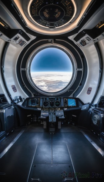 sky,cloud,signature,no humans,window,robot,building,scenery,reflection,science fiction,realistic,space,planet,earth (planet),spacecraft,spacesuit,cockpit