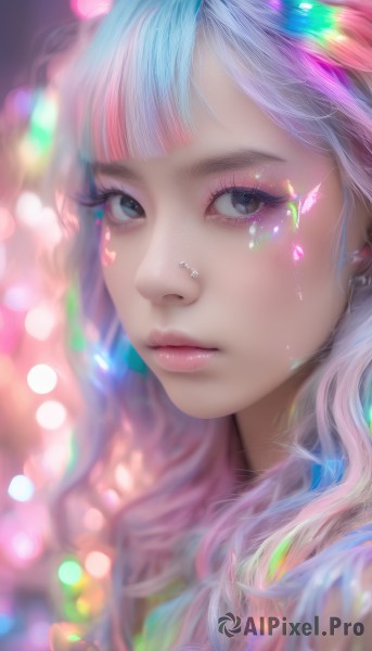 1girl,solo,long hair,looking at viewer,bangs,blue eyes,jewelry,closed mouth,blue hair,pink hair,multicolored hair,blurry,black eyes,lips,grey eyes,eyelashes,makeup,depth of field,blurry background,watermark,piercing,portrait,web address,close-up,eyeshadow,realistic,nose,colorful,mascara,rainbow hair,artist name,blunt bangs,expressionless,pink lips,bokeh