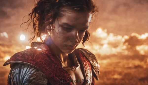 1girl,solo,short hair,brown hair,1boy,jewelry,closed mouth,closed eyes,upper body,male focus,earrings,outdoors,sky,cloud,dark skin,necklace,armor,blurry,lips,tattoo,depth of field,blurry background,shoulder armor,messy hair,portrait,lens flare,curly hair,pauldrons,realistic,sun,shoulder pads,looking down,sunlight,cloudy sky,backlighting,sunset