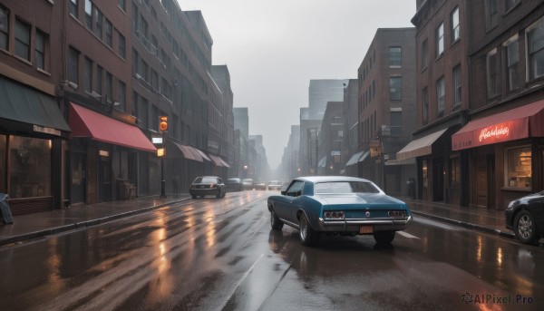 outdoors,sky,cloud,no humans,window,ground vehicle,building,scenery,motor vehicle,reflection,rain,city,sign,car,road,cityscape,vehicle focus,lamppost,street,puddle,sports car,truck,crosswalk,day,water,night,skyscraper,real world location,sidewalk