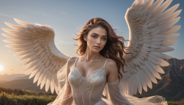 1girl,solo,long hair,breasts,looking at viewer,brown hair,hair ornament,dress,cleavage,bare shoulders,brown eyes,medium breasts,closed mouth,collarbone,upper body,outdoors,detached sleeves,wings,sky,day,signature,white dress,blurry,lips,see-through,blurry background,wavy hair,feathered wings,sunset,angel wings,mountain,realistic,white wings,sun,angel,parted lips,backlighting