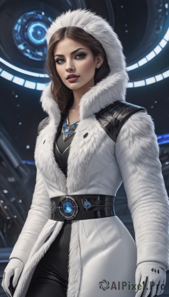 1girl,solo,long hair,breasts,looking at viewer,brown hair,gloves,brown eyes,jewelry,medium breasts,standing,cowboy shot,parted lips,belt,pants,white gloves,hood,necklace,lips,coat,fur trim,makeup,black pants,lipstick,pendant,hood up,realistic,nose,white coat,winter clothes,red lips,hooded coat,fur coat,parka,science fiction