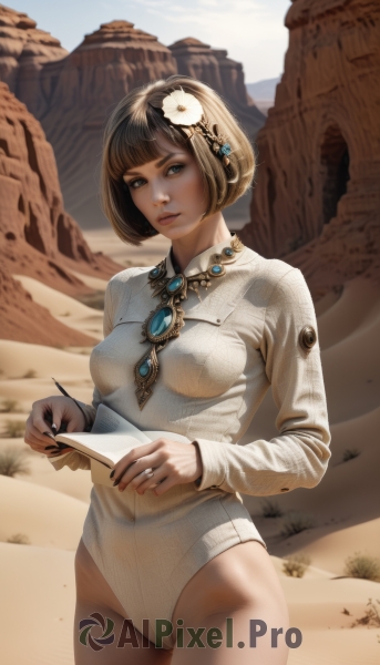 1girl,solo,breasts,looking at viewer,short hair,bangs,blue eyes,brown hair,black hair,hair ornament,long sleeves,holding,brown eyes,jewelry,medium breasts,closed mouth,standing,flower,cowboy shot,outdoors,parted lips,sky,day,artist name,hair flower,blunt bangs,necklace,nail polish,covered nipples,leotard,blue sky,lips,fingernails,makeup,highleg,bob cut,brooch,gem,highleg leotard,realistic,white leotard,sand,pen,drawing,holding pen,desert,dust,small breasts,ring,black nails,paper,nose