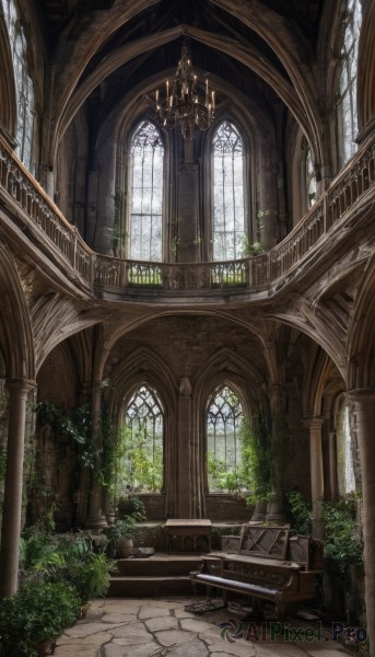 day,indoors,no humans,window,sunlight,plant,instrument,scenery,stairs,potted plant,architecture,ruins,vines,pillar,statue,piano,church,arch,chandelier,overgrown,column,grand piano,tree,chair,table,wooden floor,railing,candle,candlestand