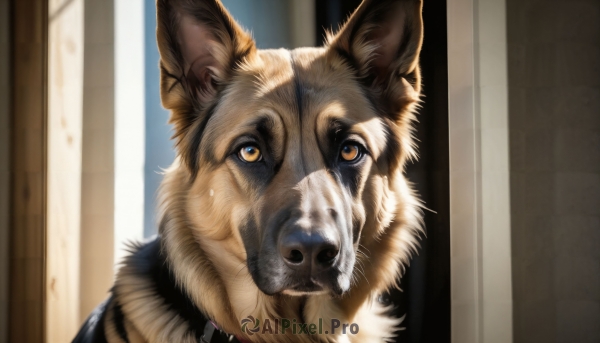 HQ,solo,looking at viewer,brown eyes,yellow eyes,indoors,blurry,collar,orange eyes,no humans,animal,portrait,close-up,dog,realistic,door,animal focus,blurry background,shiba inu