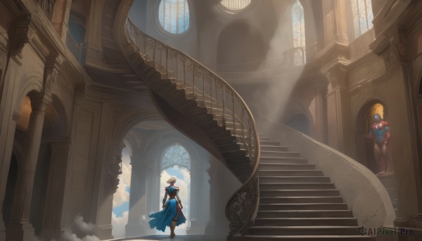 1girl,solo,long hair,short hair,blonde hair,gloves,1boy,hat,standing,weapon,boots,sky,day,cloud,indoors,from behind,cape,armor,window,sunlight,knee boots,helmet,scenery,walking,light rays,stairs,architecture,sunbeam,wide shot,pillar,arch,column,multiple girls,dress,2girls,blue sky