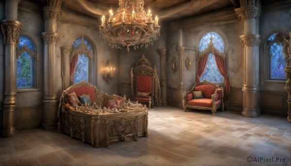 HQ,sky,day,indoors,no humans,window,night,chair,sunlight,crown,curtains,scenery,stairs,fantasy,tiles,candle,tile floor,checkered floor,pillar,throne,statue,carpet,arch,candlestand,reflective floor,chandelier,column,pillow,bed,table,couch,floor,still life,rug,canopy bed