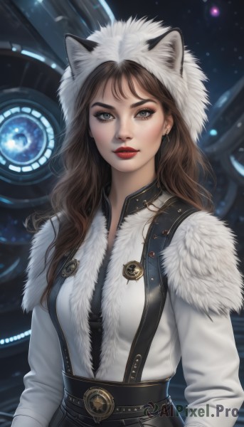 1girl,solo,long hair,breasts,looking at viewer,blue eyes,brown hair,shirt,long sleeves,animal ears,brown eyes,jewelry,closed mouth,white shirt,upper body,earrings,belt,cat ears,hood,lips,coat,grey eyes,fur trim,makeup,fake animal ears,suspenders,lipstick,animal hood,nose,red lips,space,bangs,artist name,eyelashes,watermark,web address,eyeshadow,science fiction,realistic,badge