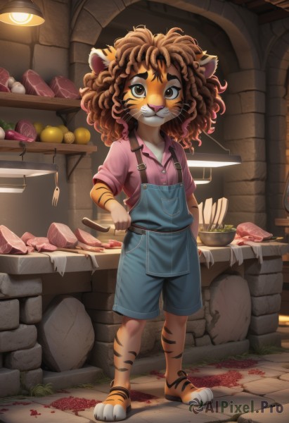 1girl,solo,long hair,looking at viewer,smile,brown hair,shirt,holding,animal ears,brown eyes,standing,collarbone,tail,full body,short sleeves,outdoors,food,shorts,teeth,collared shirt,artist name,indoors,signature,flat chest,animal ear fluff,window,fruit,watermark,knife,messy hair,child,furry,blue shorts,curly hair,pink shirt,furry female,basket,female child,holding knife,overalls,carrot,body fur,brick wall,animal nose,meat,whiskers,brown fur,tiger girl,vegetable,tongs,short hair,multicolored hair,cat ears,medium hair,grin,buttons,fangs,suspenders,red shirt,1other,plate,sleeves rolled up,arm at side,bowl,denim shorts,fork,tiger ears,tiger tail,egg,blue overalls,onion