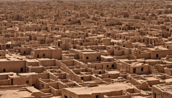 monochrome,outdoors,no humans,traditional media,building,scenery,city,road,cityscape,sepia,brown theme,ruins,skyscraper