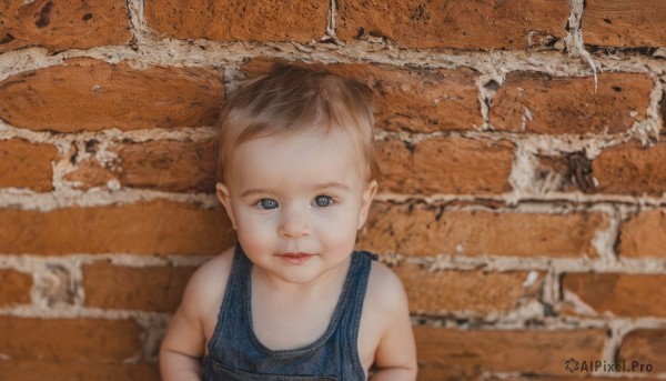 1girl,solo,looking at viewer,short hair,blue eyes,brown hair,upper body,parted lips,sleeveless,lips,child,realistic,female child,male child,brick wall,bare shoulders,pointy ears,parody,wall