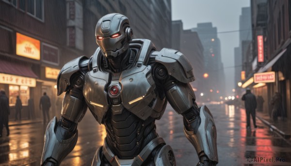 red eyes,standing,male focus,outdoors,multiple boys,solo focus,armor,blurry,blurry background,glowing,robot,ground vehicle,building,mecha,glowing eyes,motor vehicle,walking,science fiction,rain,city,sign,road,multiple others,police,street,cyberpunk,humanoid robot,looking at viewer,1boy,upper body,weapon,sky,night,depth of field,helmet,reflection,realistic,android,cityscape,power armor,city lights,neon lights