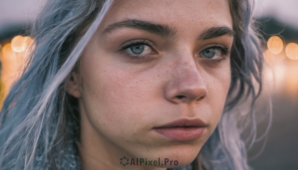 1girl,solo,long hair,looking at viewer,blue eyes,black hair,closed mouth,white hair,grey hair,multicolored hair,blurry,lips,grey eyes,eyelashes,depth of field,blurry background,thick eyebrows,portrait,close-up,freckles,realistic,nose,bokeh,expressionless