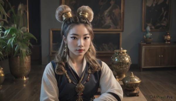 1girl,solo,long hair,looking at viewer,brown hair,shirt,black hair,long sleeves,brown eyes,jewelry,sitting,closed mouth,white shirt,upper body,earrings,indoors,necklace,hair bun,mole,vest,lips,mole under eye,double bun,table,plant,freckles,black vest,wooden floor,realistic,potted plant,vase,painting (object),hair ornament,parted lips,chinese clothes,sunlight,nose,red lips,gold