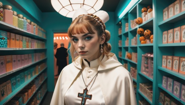 1girl,solo,looking at viewer,bangs,blue eyes,blonde hair,brown hair,hat,jewelry,upper body,braid,earrings,food,solo focus,indoors,blunt bangs,necklace,hair bun,lips,book,capelet,white headwear,single hair bun,cross,robe,realistic,nose,jack-o'-lantern,bookshelf,cross necklace,white capelet,shelf,cross earrings,library,shop,latin cross,priest,short hair,closed mouth,parted lips,blurry,makeup,cloak,red lips