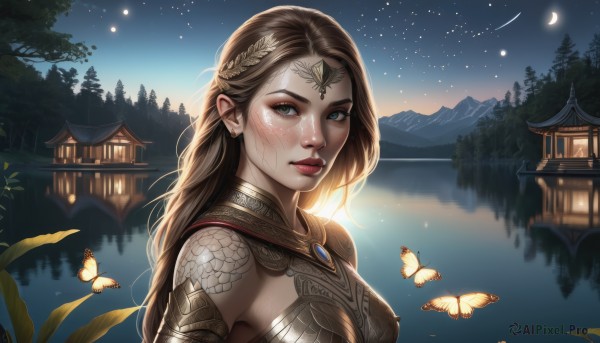 1girl,solo,long hair,breasts,looking at viewer,blue eyes,brown hair,hair ornament,jewelry,medium breasts,closed mouth,upper body,earrings,outdoors,sky,water,armor,tree,lips,eyelashes,makeup,night,moon,bug,gem,butterfly,star (sky),nature,night sky,forest,starry sky,freckles,circlet,lantern,mountain,realistic,nose,fantasy,lake,yellow butterfly,green eyes,braid,heterochromia,piercing,shoulder armor,building,scenery,reflection,architecture,crescent moon,east asian architecture,gold armor