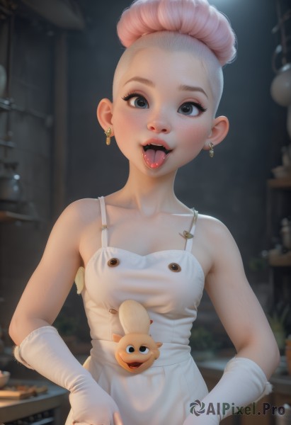 1girl,solo,breasts,looking at viewer,blush,smile,short hair,open mouth,blue eyes,gloves,dress,bare shoulders,jewelry,collarbone,upper body,pink hair,earrings,small breasts,teeth,tongue,elbow gloves,indoors,white gloves,tongue out,white dress,blurry,black eyes,apron,grey eyes,makeup,depth of field,blurry background,upper teeth only,piercing,freckles,naked apron,kitchen,tongue piercing,artist name,lips,eyelashes,ring,realistic