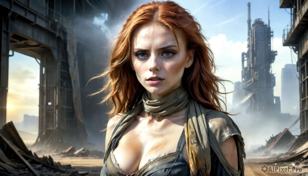 HQ,1girl,solo,long hair,breasts,looking at viewer,blue eyes,large breasts,brown hair,cleavage,medium breasts,upper body,outdoors,parted lips,sky,day,cloud,scarf,lips,torn clothes,scar,building,science fiction,injury,city,realistic,nose,ruins,dirty,desert,dirty face,red hair,teeth,orange hair,sunlight,freckles