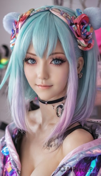 1girl,solo,breasts,looking at viewer,smile,short hair,bangs,blue eyes,hair ornament,cleavage,bare shoulders,jewelry,medium breasts,closed mouth,blue hair,collarbone,jacket,upper body,pink hair,purple hair,multicolored hair,hairband,earrings,choker,medium hair,off shoulder,hair bun,blurry,two-tone hair,lips,eyelashes,double bun,aqua hair,gradient hair,makeup,blurry background,black choker,piercing,portrait,eyeshadow,pink lips,realistic,nose,eyeliner,mascara,long hair,heart,sidelocks,open clothes