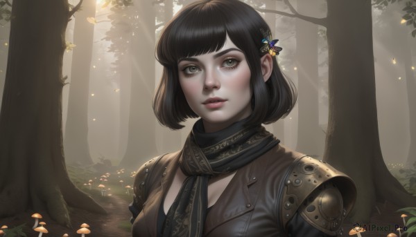 1girl,solo,breasts,looking at viewer,short hair,bangs,brown hair,black hair,hair ornament,cleavage,brown eyes,medium breasts,closed mouth,green eyes,upper body,flower,outdoors,artist name,scarf,armor,tree,lips,grey eyes,eyelashes,makeup,sunlight,bob cut,bug,shoulder armor,butterfly,nature,forest,pauldrons,realistic,nose,butterfly hair ornament,black scarf,parted lips,day,blunt bangs,light rays,eyeliner,mushroom