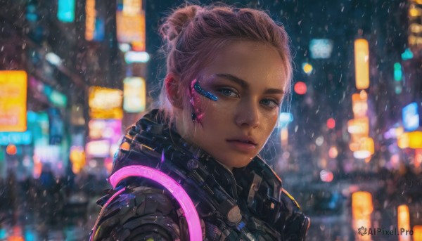 1girl, solo, looking at viewer, short hair, blue eyes, upper body, pink hair, parted lips, hair bun, blurry, lips, night, single hair bun, portrait, freckles, science fiction, rain, realistic, nose, cyborg, cyberpunk, neon lights