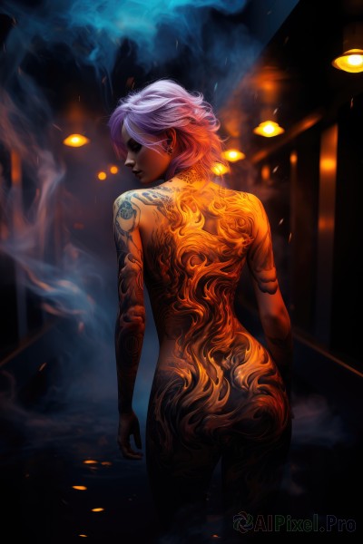 1girl,solo,short hair,jewelry,standing,closed eyes,pink hair,ass,nude,multicolored hair,cowboy shot,earrings,looking back,dark skin,from behind,dark-skinned female,tattoo,makeup,back,fire,smoke,nose,arm tattoo,back tattoo,full-body tattoo,purple hair,white hair,lips,completely nude,gradient hair,glowing,piercing,ear piercing,stud earrings