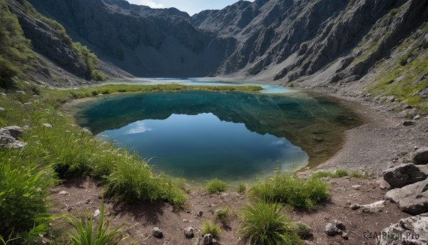 outdoors,sky,day,cloud,water,tree,no humans,grass,nature,scenery,forest,reflection,rock,mountain,river,landscape,lake,blue sky,reflective water