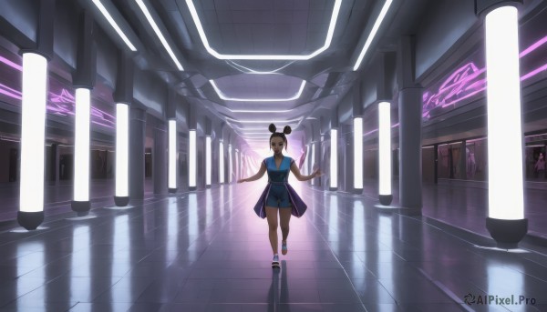 1girl,solo,long hair,breasts,smile,brown hair,black hair,dress,cleavage,bare shoulders,standing,full body,closed eyes,shorts,sleeveless,indoors,dark skin,hair bun,dark-skinned female,single hair bun,reflection,walking,blue footwear,ceiling,hallway,reflective floor,looking at viewer,short hair,blue eyes,topknot