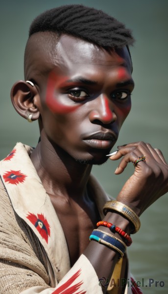 solo,looking at viewer,black hair,1boy,brown eyes,jewelry,upper body,male focus,earrings,teeth,dark skin,bracelet,lips,tattoo,facial hair,piercing,dark-skinned male,ring,realistic,nose,facepaint,japanese clothes,beard,very dark skin